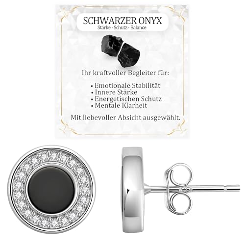 JANDY SHINE Schwarzer Onyx Ohrringe für Damen Herren 925 Sterling Silber Hypoallergene Natürlicher Edelstein Ohrstecker mit 5A Zirkonia, 10mm Durchmesser (Silber) von JANDY SHINE