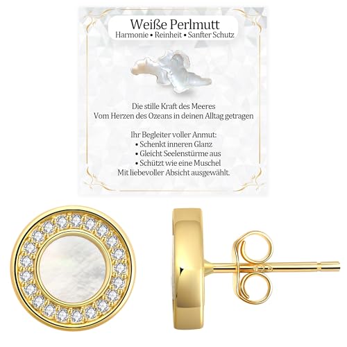 JANDY SHINE Weiße Perlmutt Ohrringe für Damen 925 Sterling Silber Hypoallergene Natürlicher Edelstein Ohrstecker mit 5A Zirkonia, 10mm Durchmesser (Gold) von JANDY SHINE
