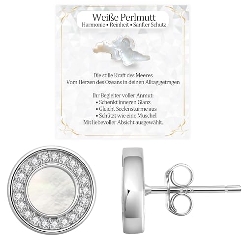 JANDY SHINE Weiße Perlmutt Ohrringe für Damen 925 Sterling Silber Hypoallergene Natürlicher Edelstein Ohrstecker mit 5A Zirkonia, 10mm Durchmesser (Silber) von JANDY SHINE