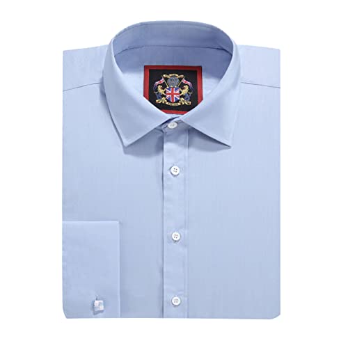 Einfarbige Herrenhemden,Lange Ärmel,Doppelte französische Manschette mit Manschettenknöpfen enthalten,Normale Passform, Business-Hemd. Porcelain Blue, 17.5 inches von JANEO BRITISH APPAREL Nos Tibi Serviat UK Co