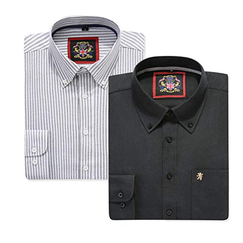 Gestreiftes Oxford-Hemd mit langen Ärmeln für Herren. Kaufen Sie einzeln oder mit der passenden einfarbigen Farbe, 2er-Pack Paar. Der Kensington Button-Down-Kragen und Tasche. (2pc,Black,L) von JANEO BRITISH APPAREL Nos Tibi Serviat UK Co