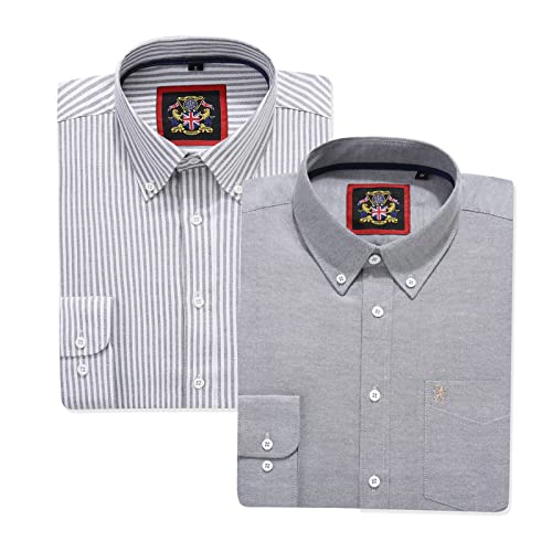 Gestreiftes Oxford-Hemd mit langen Ärmeln für Herren. Kaufen Sie einzeln oder mit der passenden einfarbigen Farbe, 2er-Pack Paar. Der Kensington Button-Down-Kragen und Tasche. (2pc,Grey,XL) von JANEO BRITISH APPAREL Nos Tibi Serviat UK Co