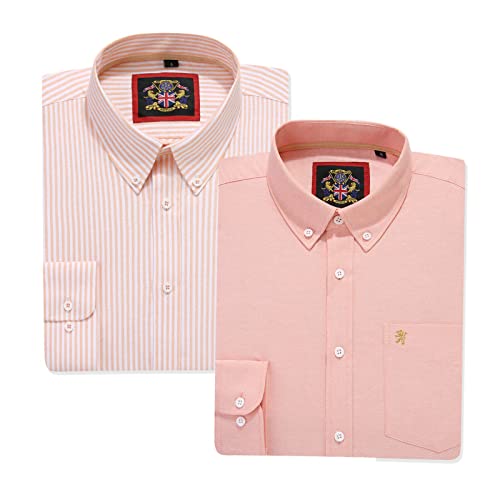 Gestreiftes Oxford-Hemd mit langen Ärmeln für Herren. Kaufen Sie einzeln oder mit der passenden einfarbigen Farbe, 2er-Pack Paar. Der Kensington Button-Down-Kragen und Tasche. (2pc,Peach,XL) von JANEO BRITISH APPAREL Nos Tibi Serviat UK Co