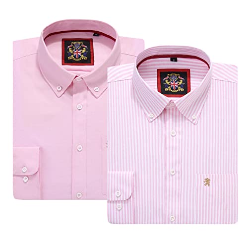 Gestreiftes Oxford-Hemd mit langen Ärmeln für Herren. Kaufen Sie einzeln oder mit der passenden einfarbigen Farbe, 2er-Pack Paar. Der Kensington Button-Down-Kragen und Tasche. (2pc,Pink,L) von JANEO BRITISH APPAREL Nos Tibi Serviat UK Co