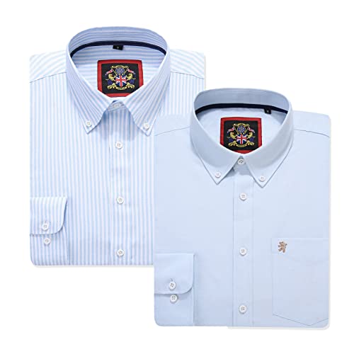 Gestreiftes Oxford-Hemd mit langen Ärmeln für Herren. Kaufen Sie einzeln oder mit der passenden einfarbigen Farbe, 2er-Pack Paar. Der Kensington Button-Down-Kragen und Tasche. (2pc,Sky Blue,M) von JANEO BRITISH APPAREL Nos Tibi Serviat UK Co