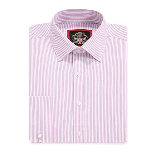 Normale Passform für Herren, Lange Ärmel, Hemden mit feinen Streifen | Doppelte französische Manschette | Traditionelle Schneiderei | The Windsor Formelles Hemd für Herren (Pink, 19.0in) von JANEO BRITISH APPAREL Nos Tibi Serviat UK Co