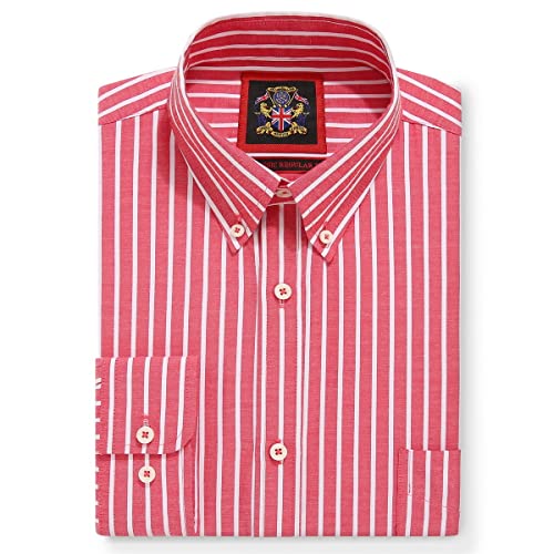 Oxford-Streifenhemd für Herren,Button-Down-Kragen,Arbeitsbüro oder Freizeithemden. Das gestreifte Elizabeth-Hemd Durch Janeo British Apparel. (Warming Red, Bold Stripe, L) von JANEO BRITISH APPAREL Nos Tibi Serviat UK Co