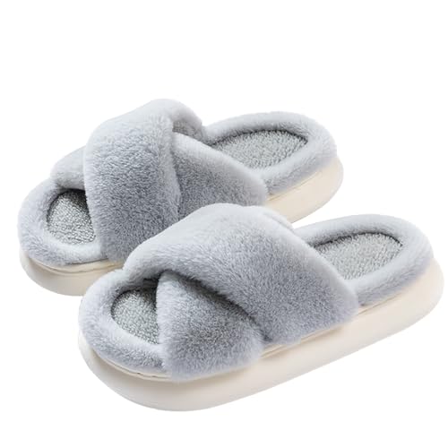 JANERIW-Hausschuhe Damen,Memory Foam Winter Plüsch Pantoffeln,Warme Bequeme Flauschige,Weiche Rutschfest Dicke Sohle Drinnen/Draußen Hausschuhe(Grau 40/41EU) von JANERIW