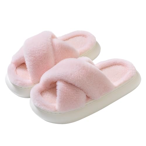 JANERIW-Hausschuhe Damen,Memory Foam Winter Plüsch Pantoffeln,Warme Bequeme Flauschige,Weiche Rutschfest Dicke Sohle Drinnen/Draußen Hausschuhe(Rosa 40/41EU) von JANERIW