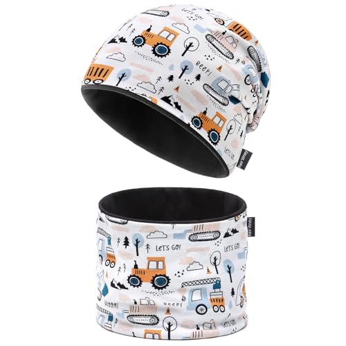 JANGANNSA Children's Beanie-Hat&Scarf Set for Girls Boys-Dino Excavator Kids Hat for Autumn Spring Winter 3-8 Years von JANGANNSA