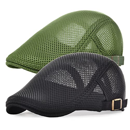 2 Pack Herren Mesh Cap Atmungsaktiv Sommer Newsboy Hut Verstellbar Duckbill Ivy Gatsby Cabbie Driving Hat, schwarz / grün, Einheitsgröße von JANGOUL