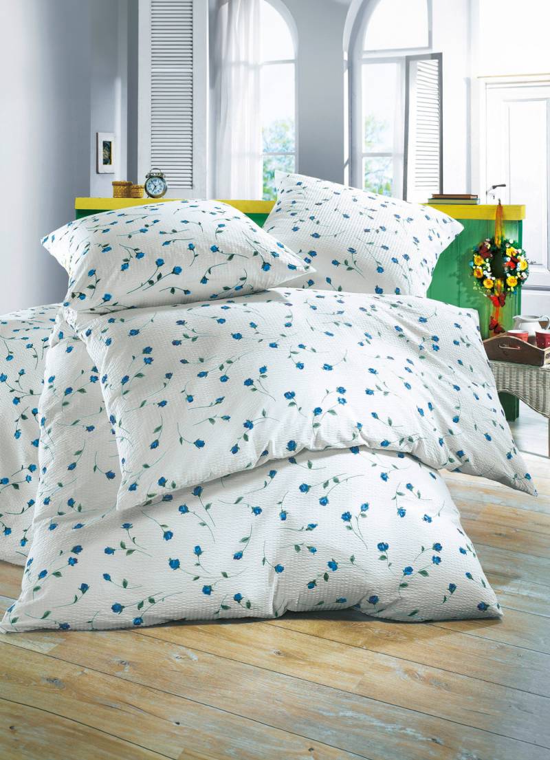 "Janine" Bettwäsche-Garnitur, Größe 114 (80/80 cm + 155/200 cm), Qualität Mako-Soft-Seersucker-bügelfrei, Blau von JANINE