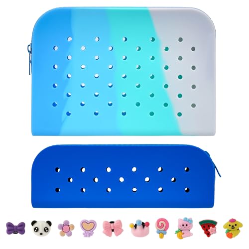 JANKOW 2 Stück Reißverschluss-Federmäppchen, tragbares Federmäppchen, DIY, Persönlichkeit, niedliches Federmäppchen, Silikon, blaue Stifttasche mit 10 Stück Knopfzubehör, geeignet für Büros und von JANKOW