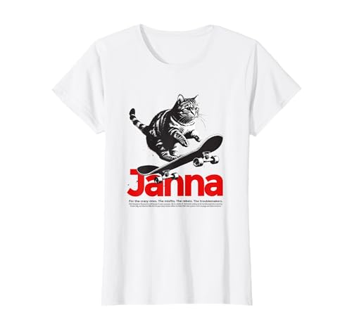 JANNA - Schöner Mädchen Name mit Katze & Skateboard T-Shirt von JANNA Tochter Enkel Geburtstag Geschenkideen