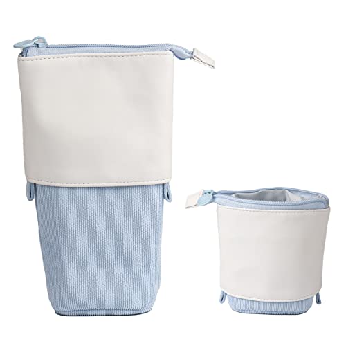 JANREAY 2-in-1 niedlich Federmäppchen Teleskopisch Mäppchen, Pop-Up Bleistifthalter, Ständer-up Einziehbar Stifteköcher Schminke Tasche für Studenten, Büro Frauen, Mädchen Jungen (Hellblau) von JANREAY