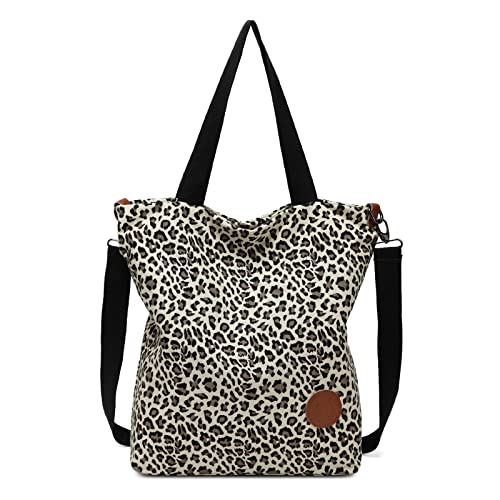 JANSBEN Damen Canvas Handtasche Schultertasche Casual Multifunktionale Umhängetaschen Groß für Arbeit Schule Shopper Lässige täglich (Leopard) von JANSBEN