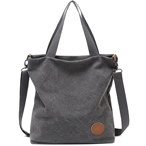 JANSBEN Damen Canvas Handtasche Schultertasche Casual Multifunktionale Umhängetaschen Groß für Schule Shopper Lässige täglich (Grau) von JANSBEN