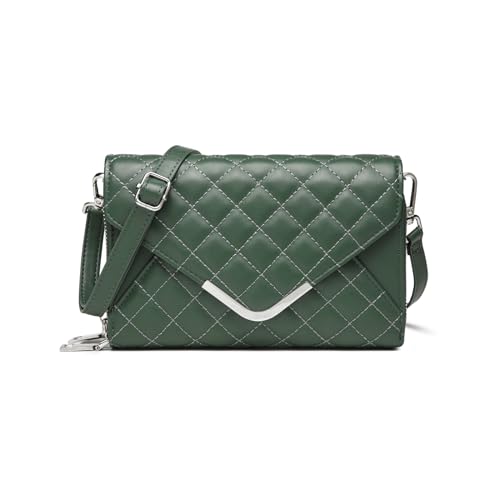 JANSBEN Damen Umhängetasche Klein Leder Gesteppte Tasche Mehrere Fächer Schultertasche Vegan Crossbody Bag Handytasche Reisepass Abendtasche Ausweistaschen mit Kreditkartenfächern(Grün) von JANSBEN