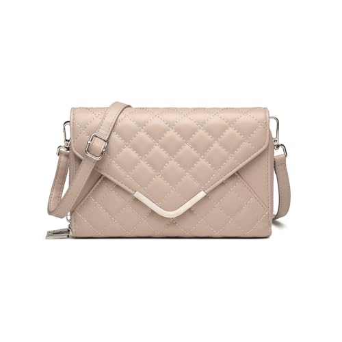 JANSBEN Damen Umhängetasche Klein Leder Gesteppte Tasche Mehrere Fächer Schultertasche Vegan Crossbody Bag Handytasche Reisepass Abendtasche Ausweistaschen mit Kreditkartenfächern(Khaki) von JANSBEN