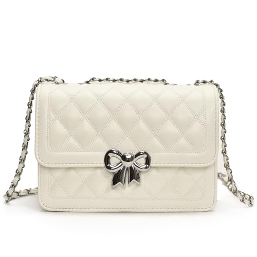 JANSBEN Klein Umhängetasche Damen - Gesteppte Handtasche Leder Schultertasche mit Kettenriemen Mehrere Fächer Clutch Tasche Crossbody Handytasche Beige von JANSBEN