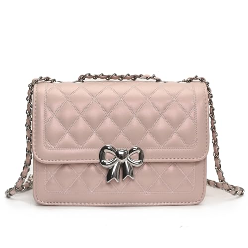 JANSBEN Klein Umhängetasche Damen - Gesteppte Handtasche Leder Schultertasche mit Kettenriemen Mehrere Fächer Clutch Tasche Crossbody Handytasche Pink von JANSBEN