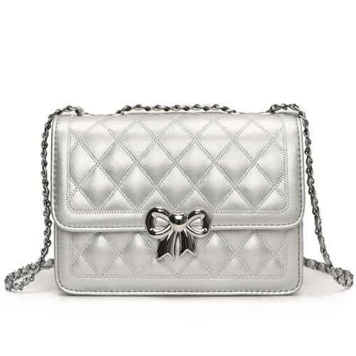 JANSBEN Klein Umhängetasche Damen - Gesteppte Handtasche Leder Schultertasche mit Kettenriemen Mehrere Fächer Clutch Tasche Crossbody Handytasche Silber von JANSBEN