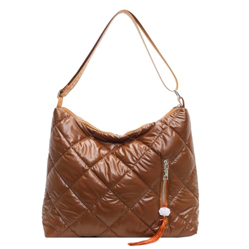 JANSBEN Puffer Schultertasche Damen Gesteppte Tasche mit Breiter Gurt Handtasche Baumwolle Winter Puffy Umhängetasche für Uni Arbeit Reisen Einkaufen,Braun von JANSBEN