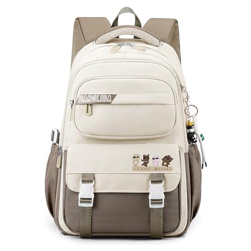 JANSBEN Schulrucksack Mädchen Teenager Schulranzen Jungen Wasserdicht Rucksack Schule Viele Fächer Laptopfach Schultasche für 1-5.klasse 21L Braun von JANSBEN