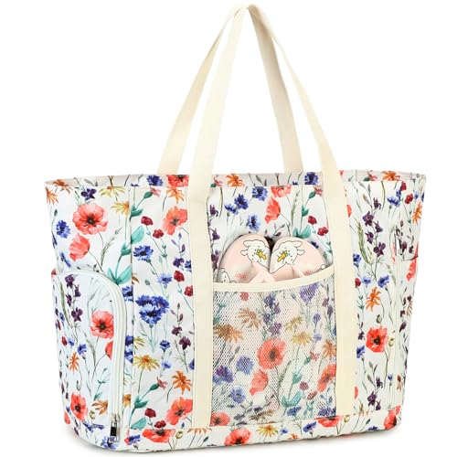 JANSBEN Strandtasche XXL Familie mit Schuhfach - Badetasche Damen Große mit Reißverschluss Wasserdicht Sanddicht Beach Bag Leichte Shopper Schultertasche Schwimmtasche für Strand Reisen Beige JANSBEN Strandtasche XXL Familie mit Schuhfach - Badetasche Damen Große mit Reißverschluss Wasserdicht Sanddicht Beach Bag Leichte Shopper Schultertasche Schwimmtasche für Strand Reisen Beige von JANSBEN