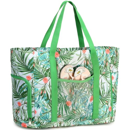 JANSBEN Strandtasche XXL Familie mit Schuhfach - Badetasche Damen Große mit Reißverschluss Wasserdicht Sanddicht Beach Bag Leichte Shopper Schultertasche Schwimmtasche für Strand Reisen Grün von JANSBEN