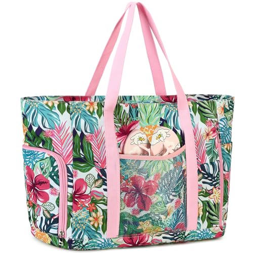JANSBEN Strandtasche XXL Familie mit Schuhfach - Badetasche Damen Große mit Reißverschluss Wasserdicht Sanddicht Beach Bag Leichte Shopper Schultertasche Schwimmtasche für Strand Reisen Rosa von JANSBEN