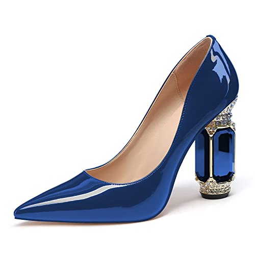 JANSEVEN Damen Chunky Heels Pumps Kristall Block Heels mit Strass Spitze Zehe Sexy Farbverlauf Lackleder Slip on Brautparty Hochzeitskleid Schuhe 5-13 M US, Königsblaue 10,2 cm Pumpe, 38.5 EU von JANSEVEN