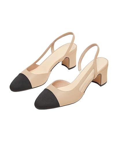 JANSEVEN Slingback-Schuhe für Damen, Absätze, klobige Pumps, Blockabsatz, zwei Riemen, Absatz-Sandalen, Mandelkappe, Zehenpumpe, zweifarbiges Kleid, Büroschuhe, Hautfarbener Slingback, 37.5 EU von JANSEVEN