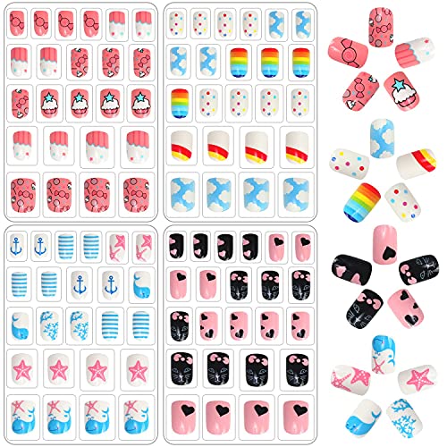 96 Stück Mädchen Aufdrücken Nägel Vollabdeckung Kurze Kindernägel Künstliche Nagelspitzen für Kinder Falsche Fingernägel Kinder Nagelkunst Dekoration (Refreshing and Cute) von JANYUN