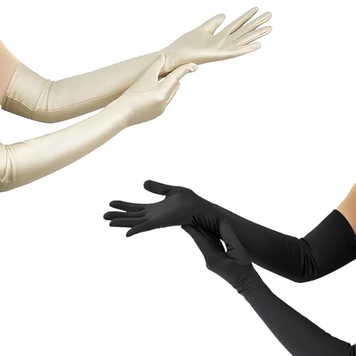 JAONLD Lange Handschuhe Damen 2 Stück Handschuhe Damen Elegant 53 cm Champagner und Schwarze Handschuhe Lang Satin Handschuhe 1920er Jahre Stil Geeignet für Opern, Maskerade und Rollenspielkostüme von JAONLD