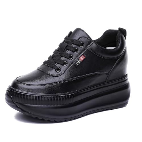 JAOOUU Damen Sneaker mit Keilabsatz Bequeme Turnschuhe mit Wedges aus Leder Modische Plateausohle Innere 9CM Erhöhung Schuhe für Frauen Freizeitschuhe Schwarz 37EU von JAOOUU