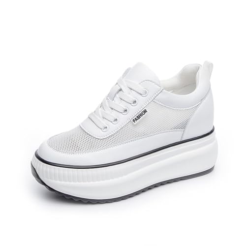 JAOOUU Sneaker mit Keilabsatz Damen Plateau Komfortable Bequemschuh Wedges Sportschuhe Leicht Mode Freizeitschuhe Leder Absatz 9CM Mesh Weiß 37EU von JAOOUU