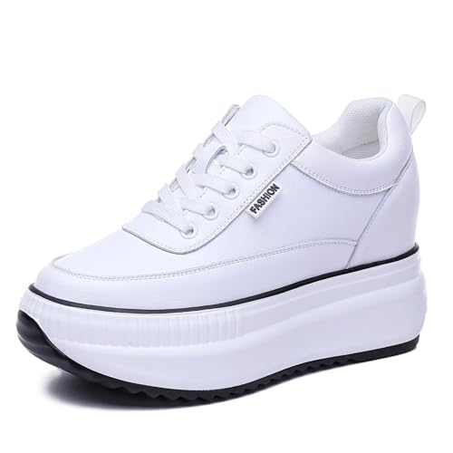 JAOOUU Damen Sneakers Keilabsatz Sportschuhe Turnschuhe mit Dicken Sohlen Modische Freizeitsportschuhe Wedges mit Keilabsatz Leichte Plateau Sneaker Mit Absatz 9cm Weiß 39EU von JAOOUU