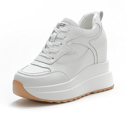 JAOOUU Damen Sneakers Wedges mit Keilabsatz Leichte Plateau Sneaker Turnschuhe mit Dicken Sohlen Modische Freizeitsportschuhe Weiss 37EU von JAOOUU