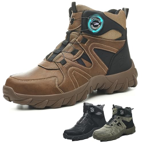 JAOOUU Sicherheitsschuhe Herren Sicherheitsstiefel Damen Arbeitsschuhe S3 Leicht Stahlkappenschuhe Rutschfest Arbeitsstiefel Drehverschluss Stahlkappenschuhe Braun 47EU von JAOOUU