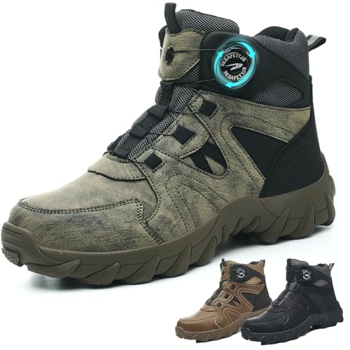 JAOOUU Sicherheitsschuhe Herren Sicherheitsstiefel Damen Arbeitsschuhe S3 Leicht Stahlkappenschuhe Rutschfest Arbeitsstiefel Drehverschluss Stahlkappenschuhe Grün 48EU von JAOOUU