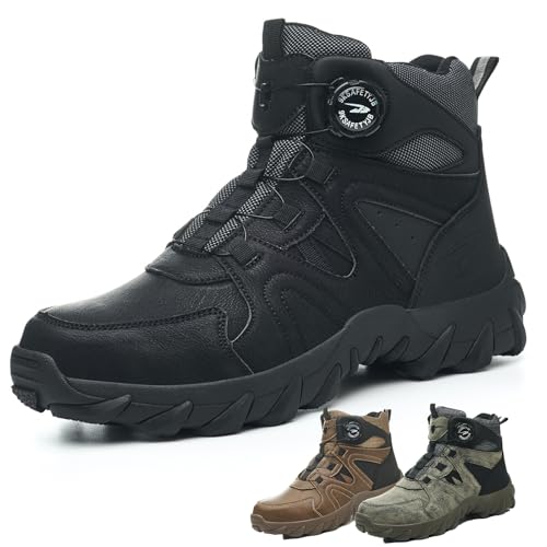 JAOOUU Sicherheitsschuhe Herren Sicherheitsstiefel Damen Arbeitsschuhe S3 Leicht Stahlkappenschuhe Rutschfest Arbeitsstiefel Drehverschluss Stahlkappenschuhe Schwarz 43EU von JAOOUU