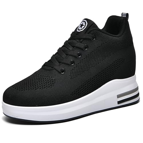 JAOOUU Sneaker mit Keilabsatz Damen Sneakers Wedge 8cm Bequeme Sportschuhe Leichte Turnschuhe Mesh Freizeitschuhe Atmungsaktive Walkingschuhe Laufschuhe Schwarz 42EU von JAOOUU