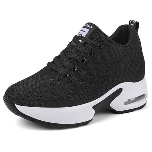 JAOOUU Sneaker mit Keilabsatz Damen Sportschuhe Wedge 8cm für Frauen Dicker Boden Freizeitschuhe Atmungsaktives Moden Unsichtbare Fersenerhöhung Keilsneaker Schwarz 38EU von JAOOUU