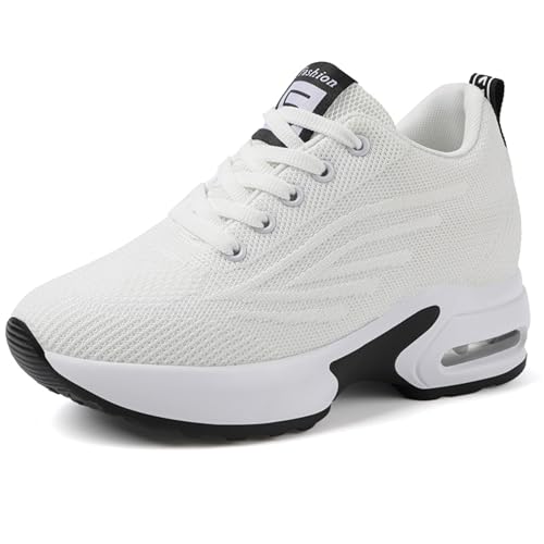 JAOOUU Sneaker mit Keilabsatz Damen Sportschuhe Wedge 8cm für Frauen Dicker Boden Freizeitschuhe Atmungsaktives Moden Unsichtbare Fersenerhöhung Keilsneaker weiß 38EU von JAOOUU
