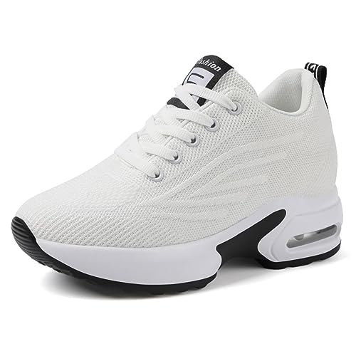 JAOOUU Sneaker mit Keilabsatz Damen Sportschuhe Wedge 8cm für Frauen Dicker Boden Freizeitschuhe Atmungsaktives Moden Unsichtbare Fersenerhöhung Keilsneaker weiß 42EU von JAOOUU