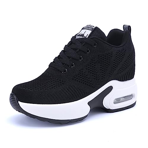 JAOOUU Damen Sneaker mit Keilabsatz 8cm Bequeme Wedge Sportschuhe Atmungsaktive Mesh Laufschuhe Leichte Freizeit Turnschuhe für Damen Schwarz 37 EU von JAOOUU