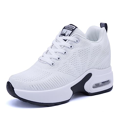 JAOOUU Damen Sneaker mit Keilabsatz 8cm Bequeme Wedge Sportschuhe Atmungsaktive Mesh Laufschuhe Leichte Freizeit Turnschuhe für Damen Weiß 34 EU von JAOOUU