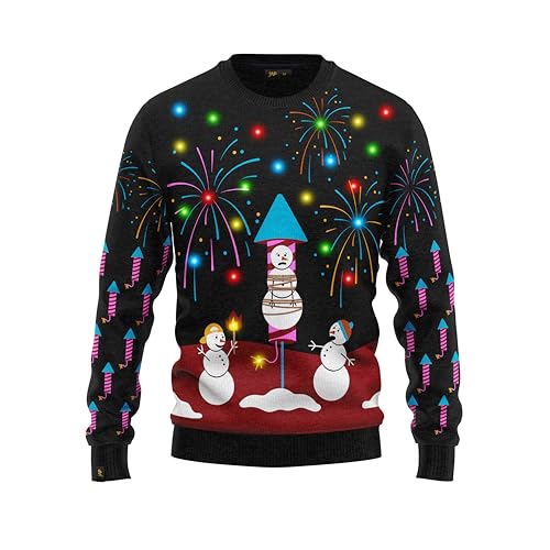 JAP Christmas Schneemann und Feuerwerk mit LED Lampe - Lustiger Hässlicher Weihnachtspullover Für Damen und Herren Ugly Christmas Sweater - M von JAP Christmas