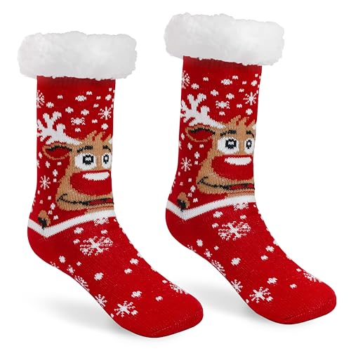 JAP Christmas - Weihnachtssocken Rudolf das Rentier - Größe 30 bis 35 - Extra dick und warm - Herren & Damen - Hüttensocken - Winter Socken - Rot von JAP Christmas